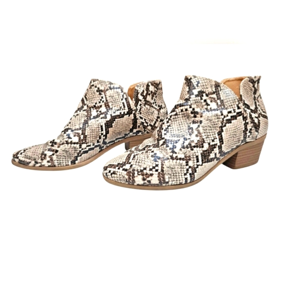 Express Brown & Cream Snakeprint Faux Leather Ankle Zip up Heel Boots Booties 9 - Picture 2 of 12